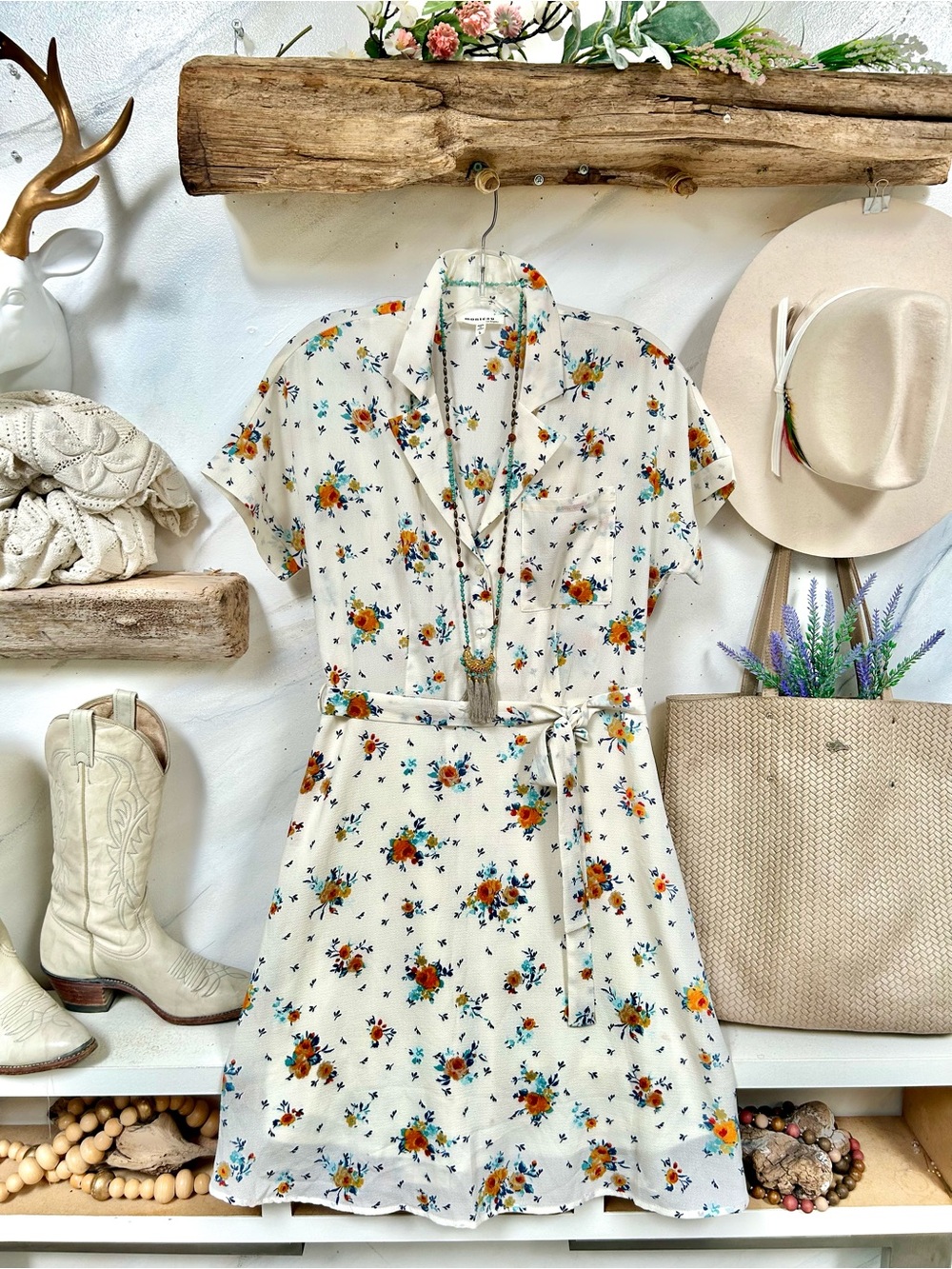 Monteau Cream Floral Tie-Waist Mini boho Dress cottagecore prairie Country vibe